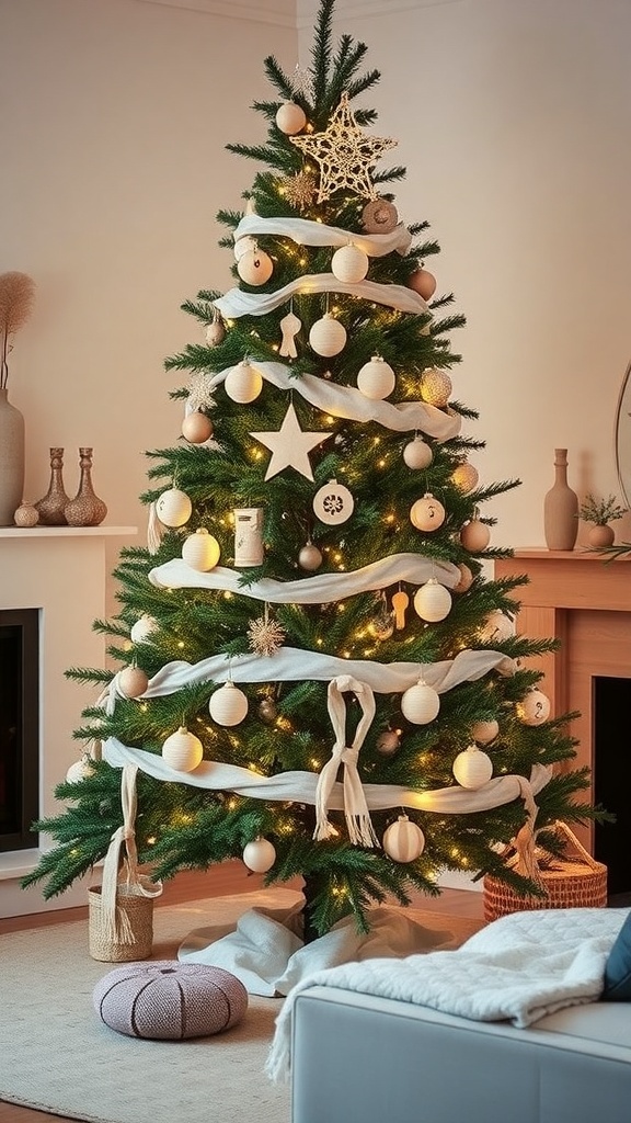 Japandi style Christmas tree with wooden ornaments and soft garlands in a minimalist living room.